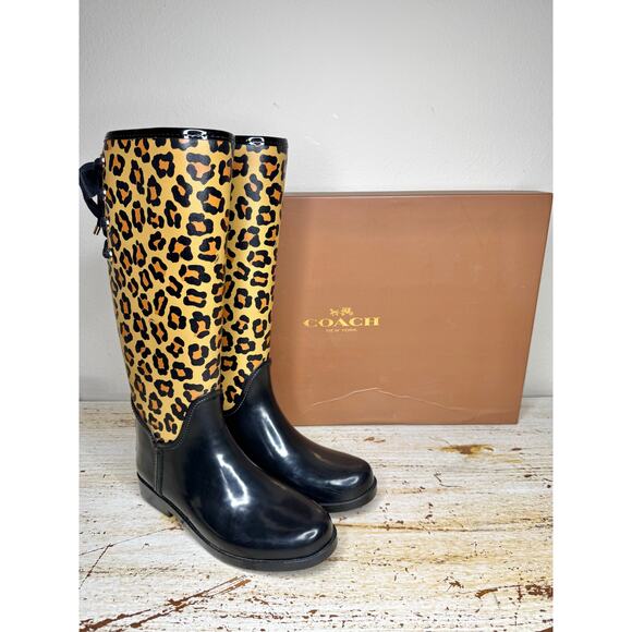 Coach Tristee Shiny Leopard Lace Up Rain Boots 9M - Picture 1 of 12